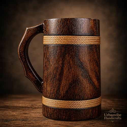 Image of Handmade Wooden Beer Mug, Wood with Sheesham Finish, Barrel Style, Lightweight & Durable, for Craft Beer, Home Bar, Cafe, Party, Gift(350ml) (Plane)
