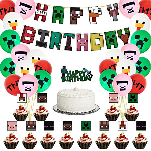 YEESON Kit Decoration Anniversaire pour Enfants, 24 Ballon Pixel Fournitures de Fête de Jeu Vidéo Happy Birthday Bannière de Jeu,pour Enfants Joueur Jeu à thème Décorations de fête Cover