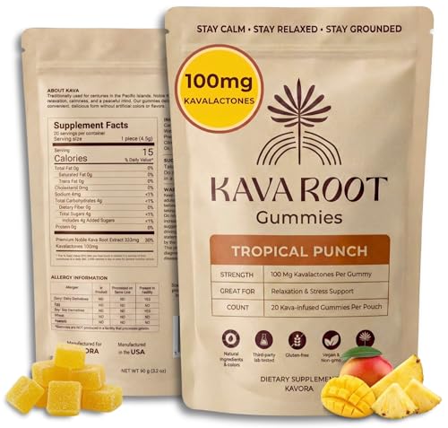 Kavora Kava Gummies 100mg Kavalactones Per Gummy Premium Noble Kava Extract Supplement for Relaxation & Stress Support Vegan Non-GMO Gluten-Free Tropical Punch 20 Count