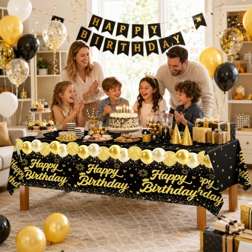 Image of 4 Pack Black and Gold Happy Birthday Tablecloths, 54 x 108 Inch Covers | Black and Gold Birthday Party Decorations for Men, Women and Teens, Ideal for Cake, Dessert, Gift and Buffet Tables