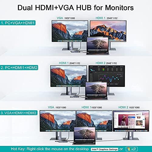 Docking Station, QGeeM USB C Hub 3.0 to Dual HDMI VGA Adapter,Triple Display USB C Docking Station Dual Monitor Compatible With MacBook,Dell,HP,ThinkPad,All USB 3.0 Laptop USB C Dock