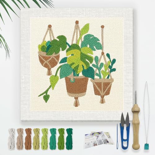 DOODLREAM Monstera Deliciosa DIY Punch Needle Embroidery Kit for Adult Beginner, 9.4" Potted Plant Leaf Punch Stitching Craft Set for Starter with Frame,Fabric Pattern,Threader, Yarn, Pinch Needle