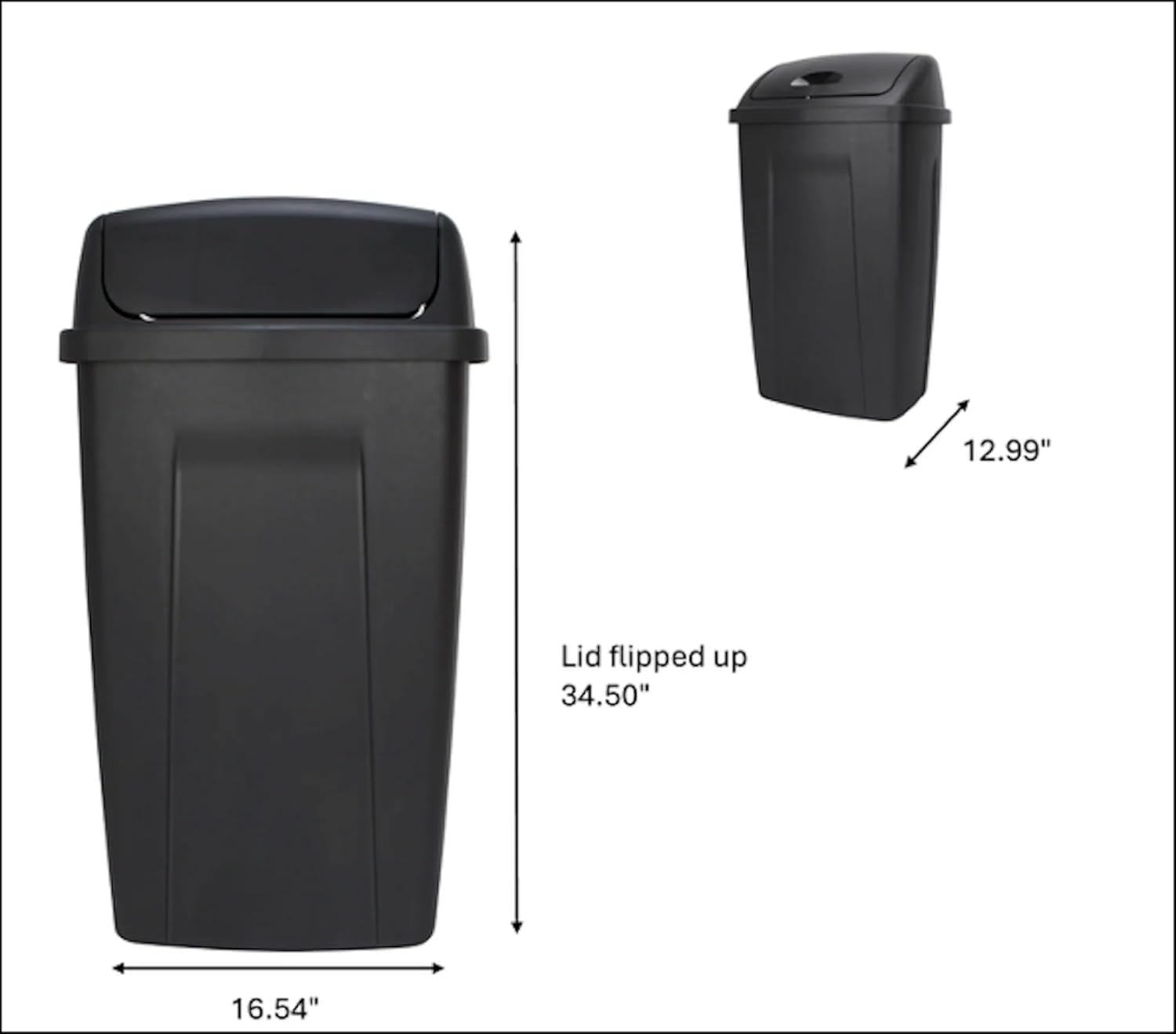 13 Gallon Plastic Garbage Bin with Swing Top Lid, Kitchen Trash Can, Black