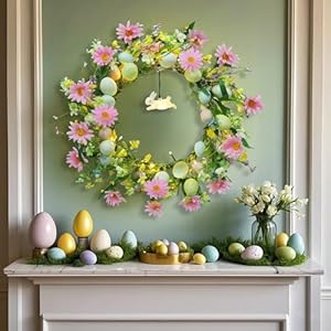 DR.DUDU 19 Inch Easter Wreath – Lighted Easter Decorations for Home with Timer, Egg Wreath with Bunny & Flowers, Spring Decor for Front Door, Mantel, Wall, Indoor & Outdoor Holidays DRDUDU 19 Inch Easter Wreath–Lighted Easter Decorations for Home with Timer Egg Wreath with Bunny Flowers Spring Decor for Front Door Mantel Wall Indoor Outdoor Holidays