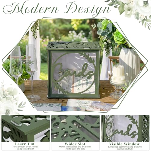 Image of OurWarm Green Wedding Card Box for Receptions, PVC Gift Card Box for Wedding with Acrylic Windows, Envelope Money Gift Box for Anniversary Bridal Baby Showers Graduation Birthday Party