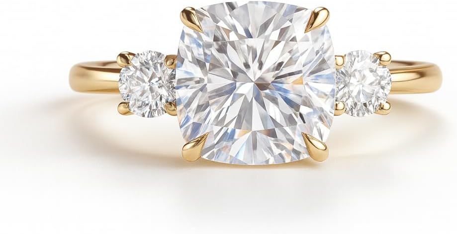 Cushion Cut Moissanite Engagement Ring 3 Stone Setting 14K Yellow Gold Bridal Wedding Ring Classic Solitaire Anniversary Promise Jewelry Gift for Her