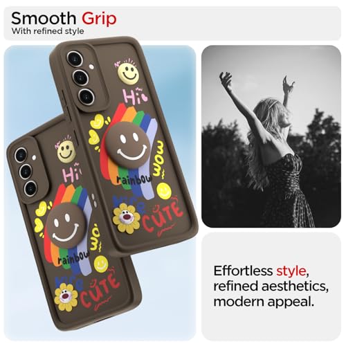Image of Pikkme Back Cover for Samsung Galaxy S23 FE 5G | Soft Silicone| Cute Rainbow Smile & 3D Cartoon Flower Design | Shockproof Raised Camera Protection Bumper Case (Brown)
