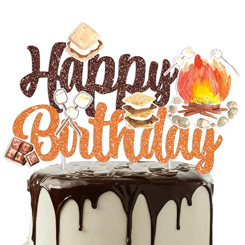 S'more Birthday Party Cake Topper S'more Birthday Party Decoration Bonfire Camping Happy Birthday Cake Pick Decoration for S'more Themed Camping Campfire Camper Birthday Party Supplies