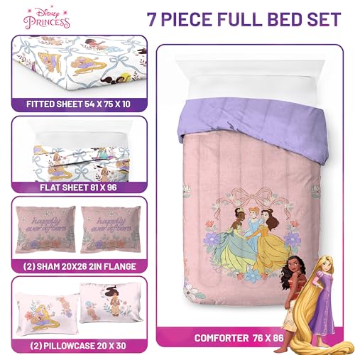Image of Disney Princess Full Size Comforter Set 7 Piece Kids Bedding, Pink | Cinderella Rapunzel Belle, Bed in a Bag, Comforter Sheets Shams Pillowcases, Soft Microfiber, Machine Washable, Girls Gift