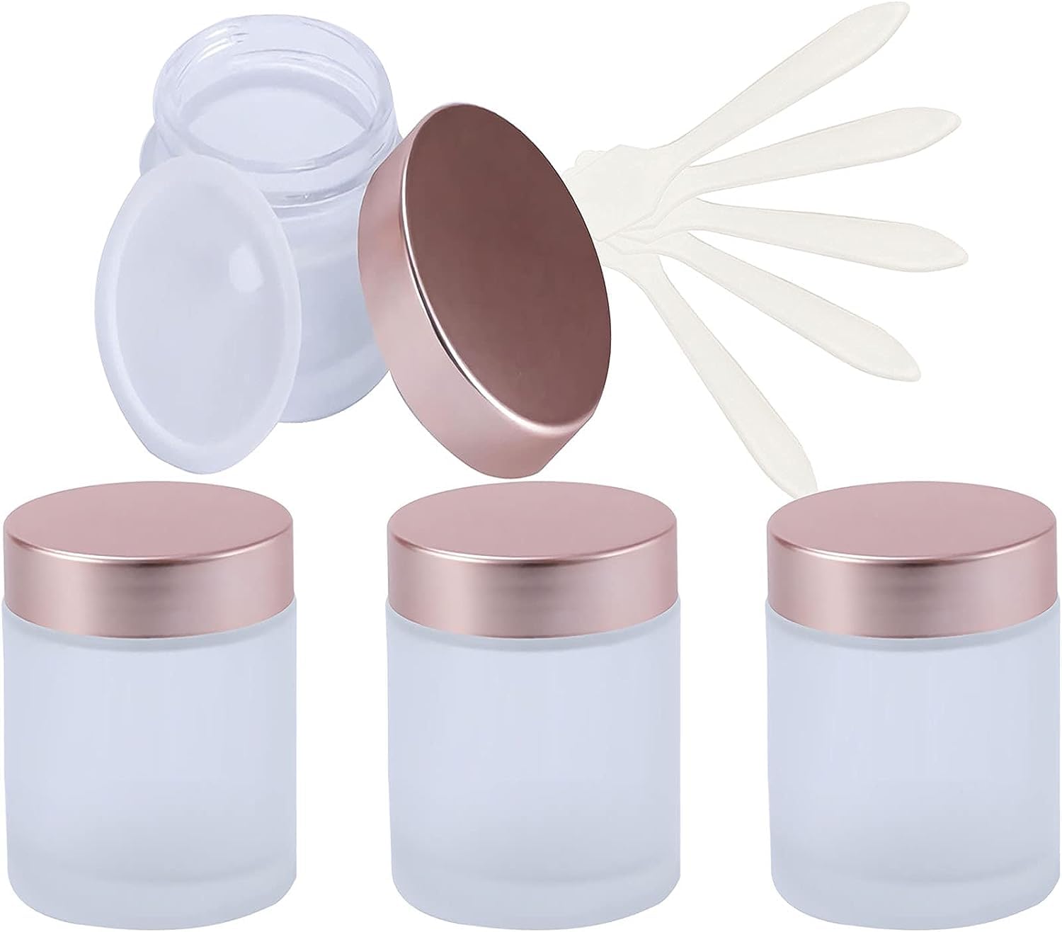 FLYIODFCXV cosmetic jar, 4 Pack Empty Face Cream Storage Containers Pots with Rose Lid, Frosted Glass Cosmetic Jars(100ml)