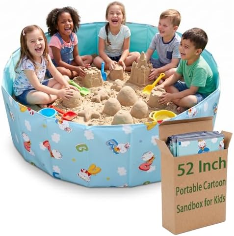 Portable Sandbox for Kids, Large 52x52in Sand Box, Foldable Space Saving Outdoor Sandpit, Collapsible Sensory Play Table for Toddlers, Easy Storage & Carry Travel (Sand and Toys Not Included)