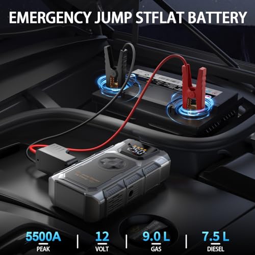 Oreetga Car Jump Starter with Air Compressor, 5500A Portable Battery Jump Starter(9.0L Gas/7.5L Diesel), 12V Jump Box Car Battery Power Pack with Jumper Cables, Fast Charging, Emergency Light image 2