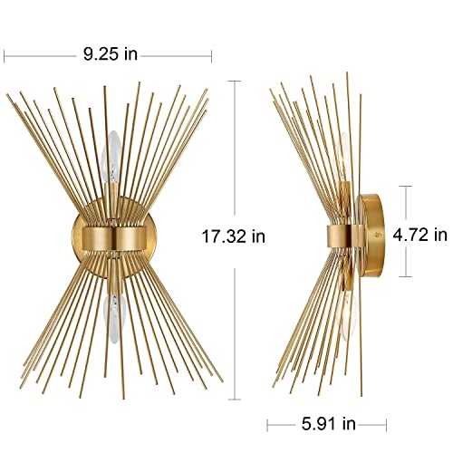 Adcssynd 2 Pack Gold Starburst Wall Sconces Set Of Two Over Mirror, Mid Century Modern Wall Light Sconce, Brass Bathroom Light Fixtures For Living Room, Bedroom #TOP3