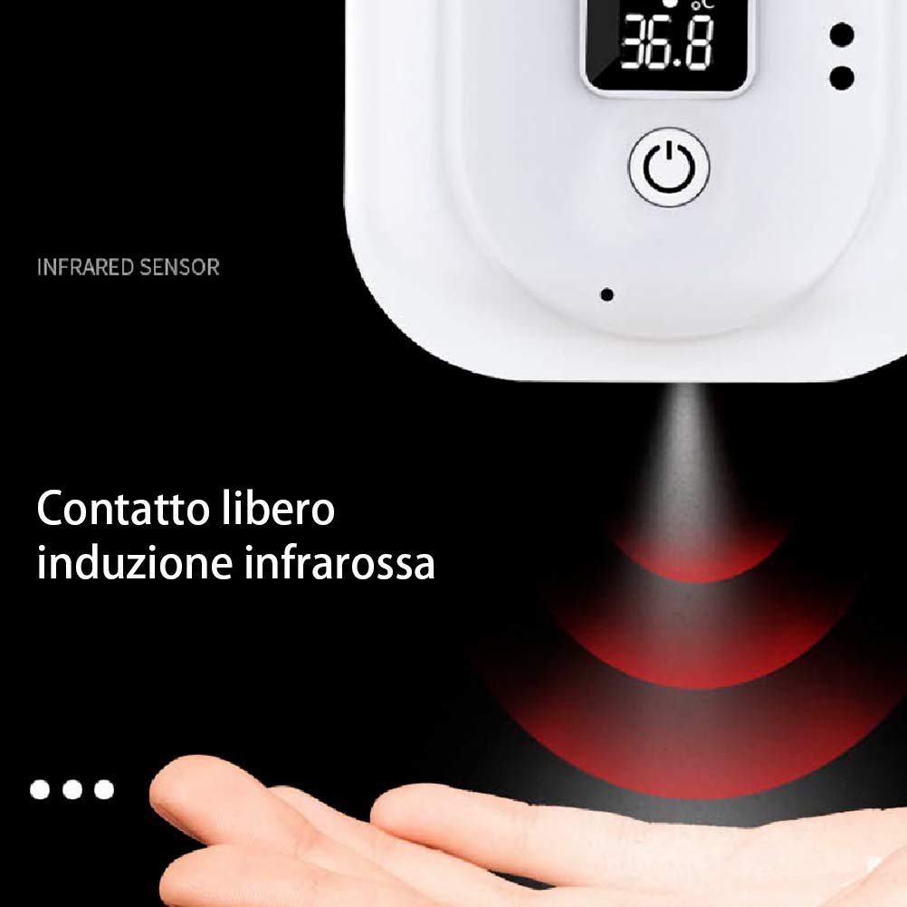 Distributore di Sapone Automatico, termometro da Parete 2 in 1 con Dispenser di Sapone in Schiuma Senza Contatto da 1200 ml, termometro clinico con Allarme e Display LCD