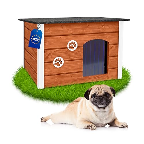 Outentin Hundehütte Outdoor Winterfest - Hundehaus für Mittelgroße Hund - Isoliert und Wetterfest - Hunde Haus für Draußen mit zum Öffnen Flachdach - Stabile und Moderne Villa - 76 x 60 x 60cm - Teak