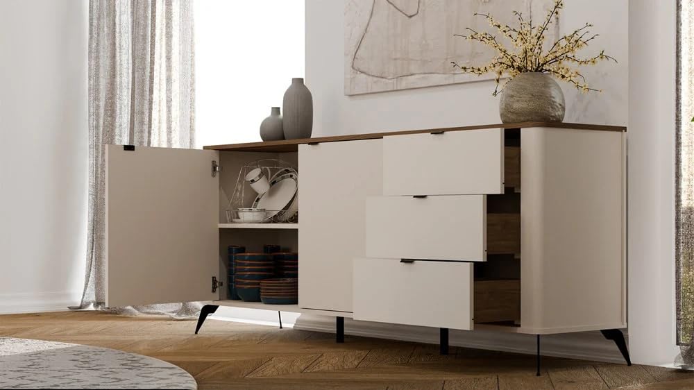 CDF Cómoda Cordoba Elegante 2D3S 183cm Ancho 2Puertas 3Cajones Cierre Suave Gris Roble Design Escandinavo Almacenaje Generoso Práctico Dormitorio Salón Oficina Niños Moderno