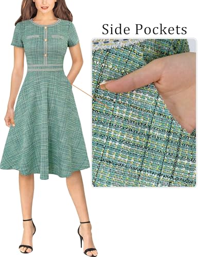 Image of VFSHOW Womens Buttons Pockets Office Business A-Line Dresses Short Sleeve Work Crew Neck Tweed Trim Fit and Flare Swing Dress