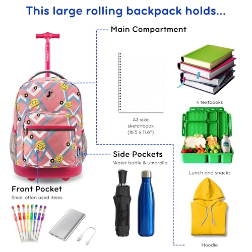 Image of J World Sunrise Kids Rolling Backpack with Wheels for Girls Boys, Roller Bookbag for School, 18 x 13 x 9 Inches, Basketbally