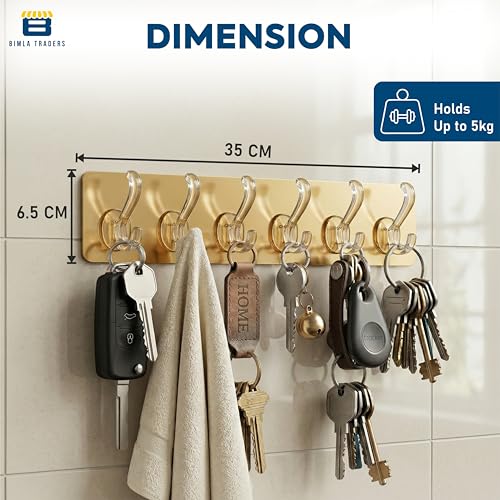 Image of Waterproof Stick on Adhesive Wall Hooks 1 Set of 6 Pcs - Heavy Duty Hooks for Photo Frames, Wall Clocks, Keys, Hanging Robe |No Damage, Easy Installation |Smart Storage Solution | Gold