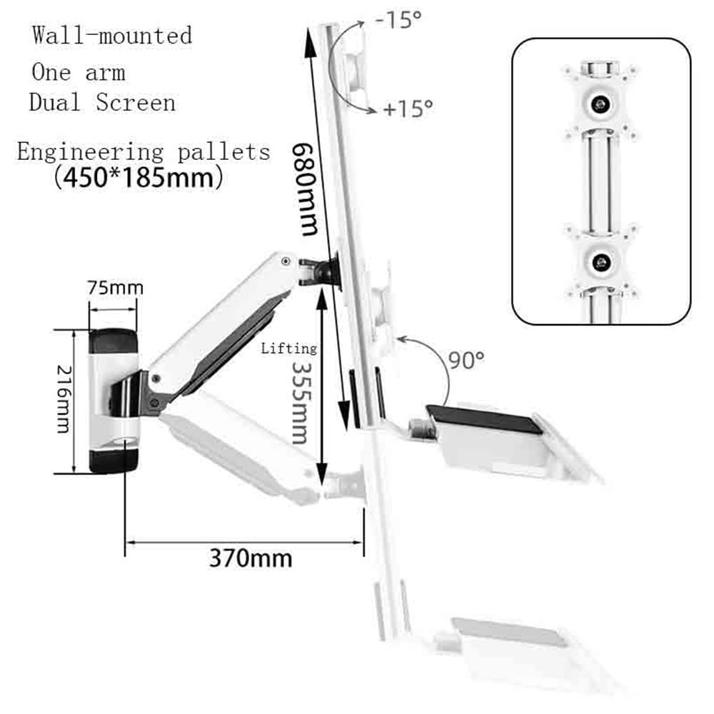 Soporte para monitor blanco montado en la pared, soporte de monitor dual para pantalla de 15 a 27 pulgadas con bandeja de teclado y mouse, bandeja de ingeniería para monitor