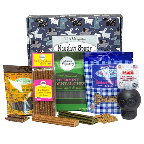 Dog Treat Gift Box Black Skull Treat Dispenser, 4 Packages of USA-Made Natural Treats & Chews for Medium/Large Dogs (Pirate Theme, Peanut Butter Blueberry, Bacon Cheese, Duck and Peppermint Flavors).