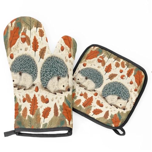 Autumn Hedgehog Deciduous Hazelnut Oven Mitts Kitchen Oven Gloves for Cooking Baking Heat Proof Lining Cotton Kitchen Potholder Mittens Pot Holders Hot Pads for Chef Women Men