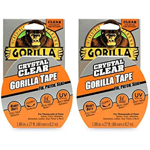 Gorilla Crystal Clear Repair Duct Tape, 1.88” x 9 yd, Clear, (Pack of 2)