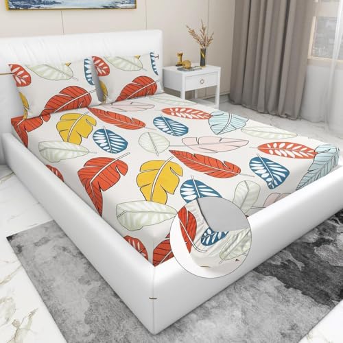 Image of King Size Leafs Bedsheet Cotton Elastic Fitted, Double Bed Sheet with Pillow Covers, Fitted Bedsheets King Size 78 X 72 Glace Cotton, 300-350 Tc, Fits Upto 6 Inches, Orange