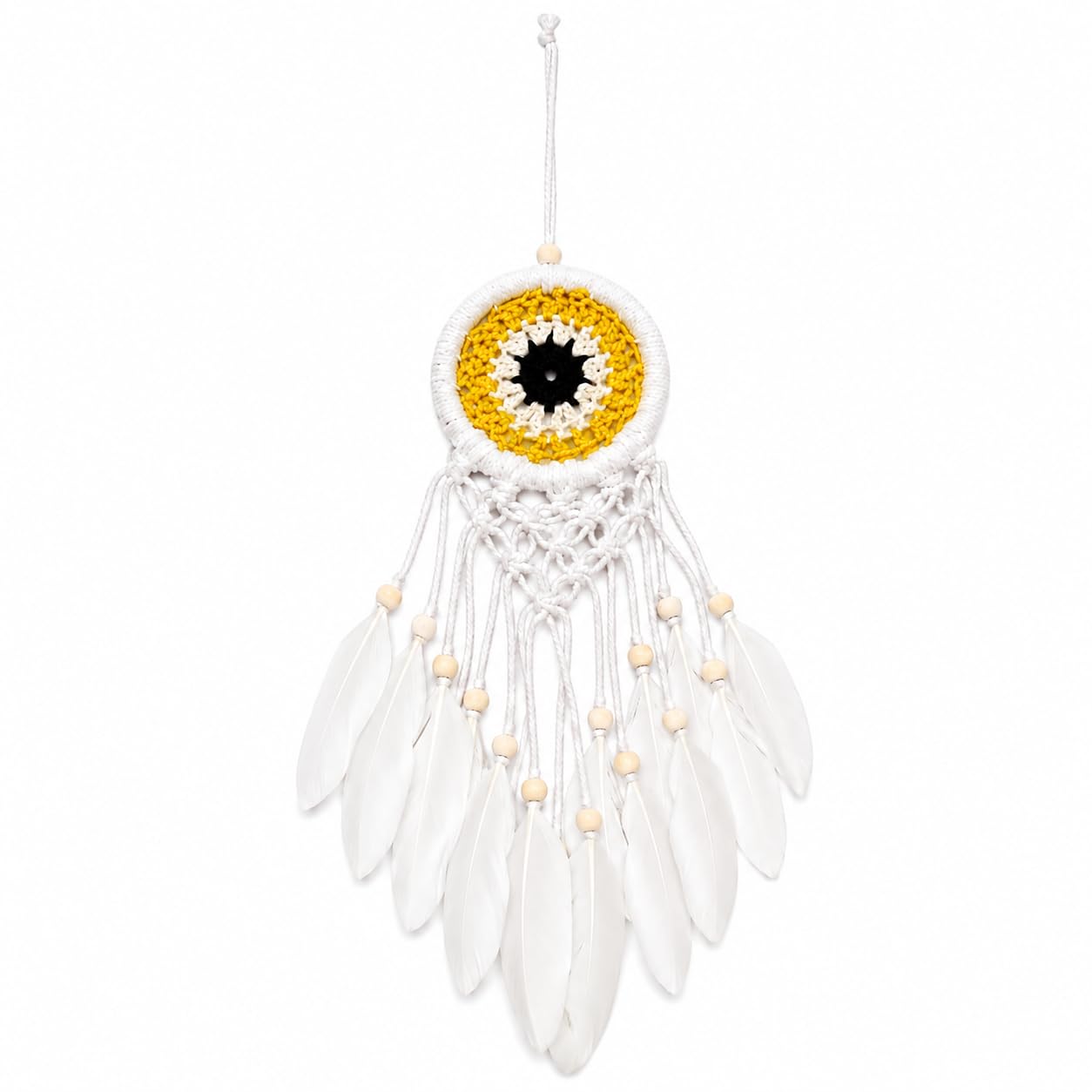SADAF'S Art Evil Eye Dream Catcher Wall Hanging | Handmade Macrame Dreamcatcher with White Feathers & Wooden Beads | Nazar Eye Boho Wall Decor for Bedroom, Car, Living Room, Home & Pack of 1 (Yellow)-image-30