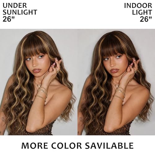 NOSTALGIA Brown Highlight Wig with Bangs for Women Long Wavy Synthetic Wig - image 4