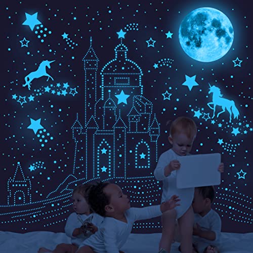 Glow In The Dark Unicorn Wall Decals For Girls Room, Luminous Moon And Stars For Ceiling, Fairy Stickers Wall Decor For Kids Bedroom Birthday Party(Blue) #TOP1