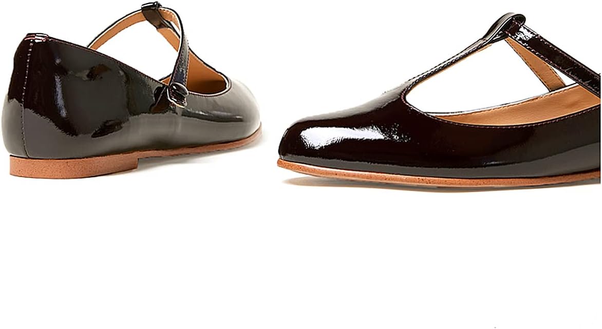 LEMUTISME Women's T-Strap Mary Jane Flats Patent Leather Round Toe Casual Ankle Strap Ballet Flats for Work Daily Wedding