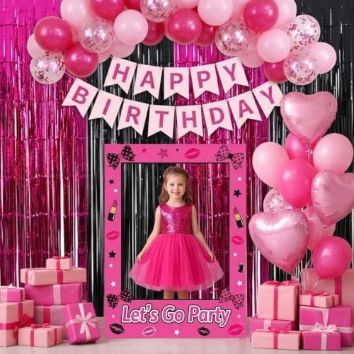 Image of TONIFUL 2Pcs Black Hot Pink Metallic Tinsel Foil Fringe Curtains Streamers | 3.3ftx6.6ft Photo Booth Backdrop Door Streamer for Bachelorette 16th 21st Birthday Girls Night Out Music Themed Party Decor