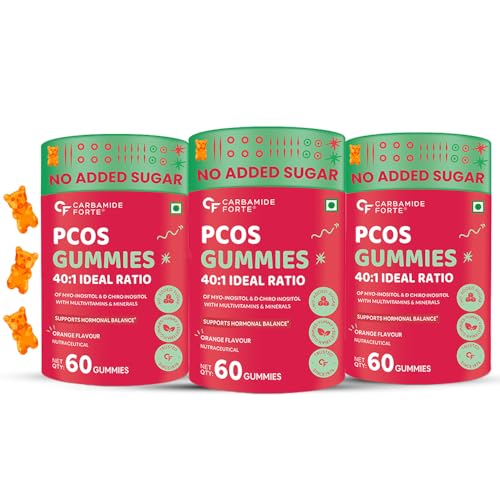 Image of Carbamide Forte PCOS Supplements for Women with 40:1 Ratio of Myo & D Chiro Inositol Fortified with PCOS Vitamins & Minerals - Orange Flavour - 60 Veg Gummies (Pack of 3)