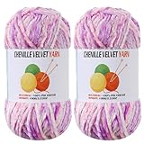 2 * 100g Velvet Chenille Chunky Yarn, Handcrafts Weaving Soft Chenille for Crocheting Clearance, Used for Making Baby Yarn Blanket, Clothes, Knitting Creations (Pastel Purple)