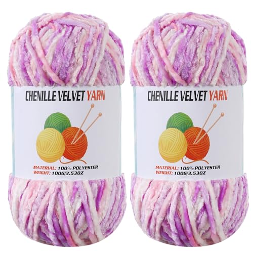 Image of 2 * 100g Velvet Chenille Chunky Yarn, Handcrafts Weaving Soft Chenille for Crocheting Clearance, Used for Making Baby Yarn Blanket, Clothes, Knitting Creations (Pastel Purple)