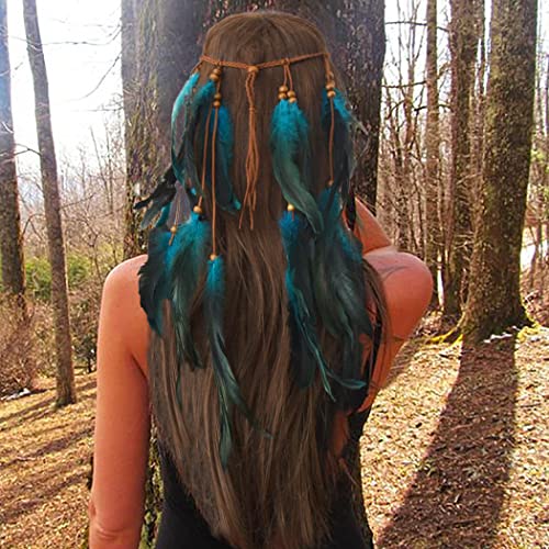 Cakure Boho Feather Headbands Indian Gypsy Costume Feather Headpiece Blue Hippie Headband Hair Band Festival Headdress Handmade Feather Hair Accessories (Type A) #TOP2