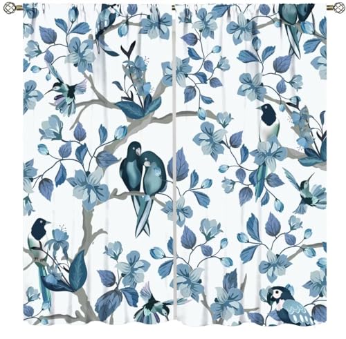 DDCBNS Bird Flower Curtains,Blue Leaves Modern Art Print Window Treatments for Bedroom Living Room Kitchen Home Décor Window Drapes 2 Panels Set,Total Size 42 x 45 Inch