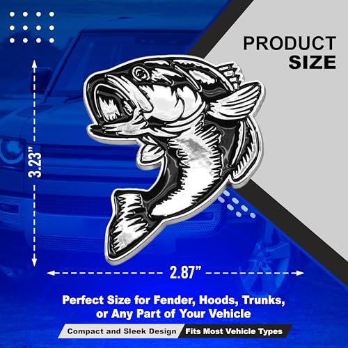 Image of Bass Emblem 3D Fish Badge - Custom Car Sticker for Car, Truck, SUV, Trunk, Hood, Fender - Set of 2 (Chrome)
