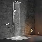 【MATERIAL & HANDWERKSKUNST】: Der Duschkopf besteht aus Edelstahl 304, und der Funktionsschalter ist aus Messing gefertigt. Die Oberfläche des Duschsystems ist verchromt, was nicht nur optisch gut aussieht, sondern auch eine gute Korrosionsbeständigkeit aufweist.