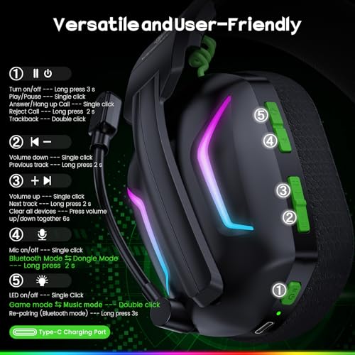 WESEARY Wireless Gaming Headset for PC, PS5, PS4, Switch, Mac, 2.4GHz Wireless Gaming Headphones with ENC Microphone, Bluetooth 5.4, 50mm Drivers, Stereo Sound, Cool Lighting, 50H Battery - Image 10