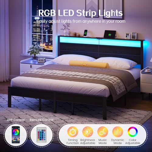 Image of Liians Black King Size Bed Frame with LED Lights and Charging Station, King Size Platform Bed with Metal Slats and Wood Headboard, No Box Spring Needed