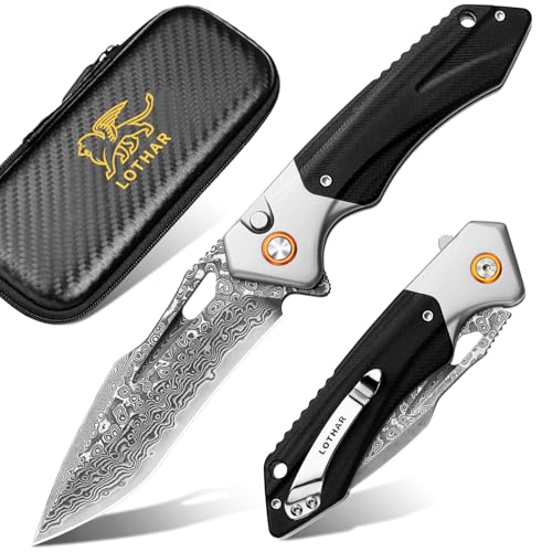 Image of LOTHAR LICH KING Damascus Pocket Knife for Men, Damascus Folding Knife | Handmade Forged VG10, G10 Handle, Father Day Gifts for Men Cool EDC Knives, Pocket Clip, Pocket Knife for Camping Box Cutter