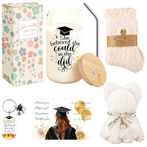 Graduation Gift for Her 2026 - 16oz Glass Cups with Lids and Straws, Coffee Mug Gift Set for Women, College Graduate Gift Box, Master Degree Doctorate Nursing PHD, Congrats Class of 2026 (White 3)