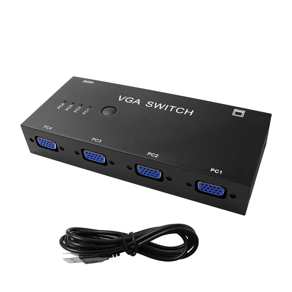 Boîtier de Commutation VGA 4 PC vers 1 Moniteur, VGA 4 en 1 Sortie, Commutation Audio vidéo VGA, avec Bouton Manuel Full HD 1080P pour Ordinateur, TV, projecteur