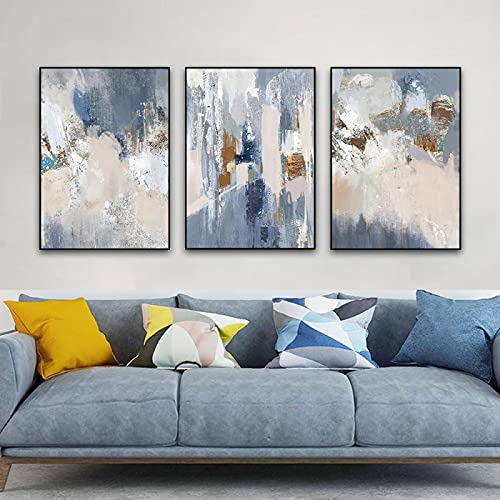 Tableau de salon abstrait bleu et doré triptyque chic - 2