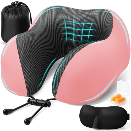 Image of ExploreBliss Travel Pillow, Memory Foam Neck Pillow Airplane, Pink | Travel Pillows for Airplanes, Neck Pillow Airplane, Memory Foam Neck Pillow Set with Eye Mask, Earplugs
