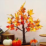 Thanksgiving Artificial Lighted Tabletop Maple Tree, 18 Inch 24 LED Light Up Fall Table Decorations Centerpiece Lights Autumn Trees, Battery Powered with Timer for Indoor Bedroom Harvest Home Decor