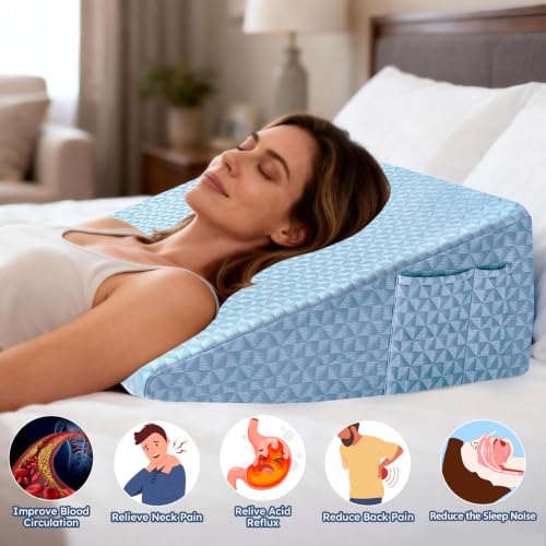 Image of 12 inch Wedge Pillow for Sleeping, Bed Wedge After Surgery, Back Pain Relief, Memory Foam Pillow Triangle Incline Wedge for Back Support, Leg Elevation (Blue)