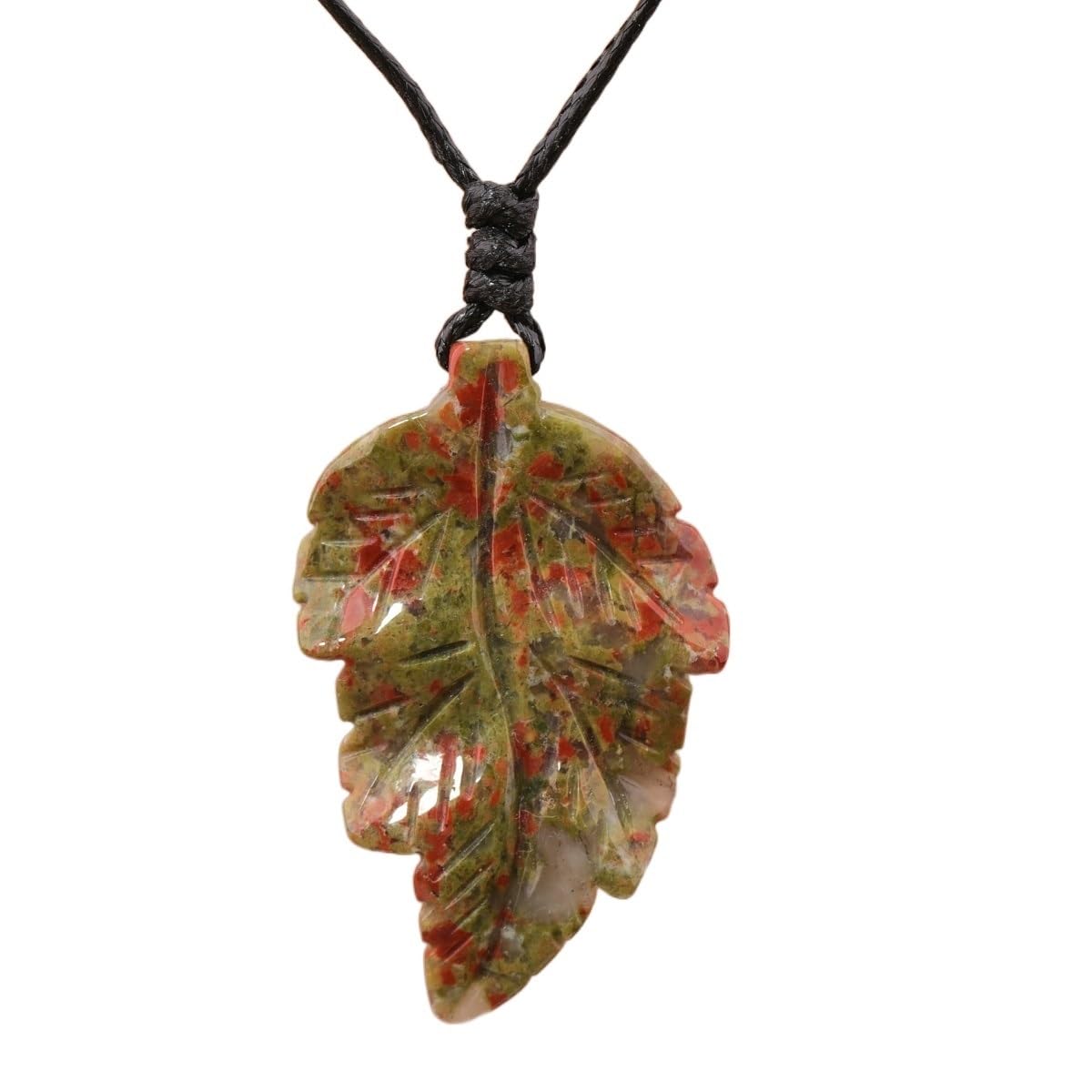 Hxscoo Women's Unakite Leaf Shape Gems Stone Pendant Necklace For Quartz Crystal Leather Necklace Luxury Birthday Wedding Handmade Jewelry Gifts (Color : )